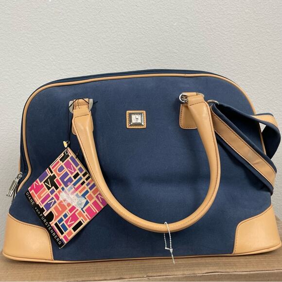 Diane Von Furstenberg Navy Canvas Leather Trim !9" Boarding Bag NWT - Picture 1 of 14